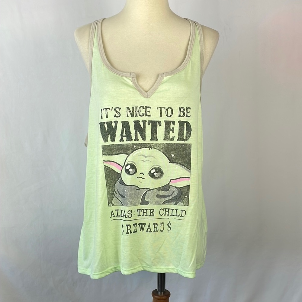 Star Wars Lime Green Graphic Tank with Cute Grogu Wanted Poster -Size XL (16-18)